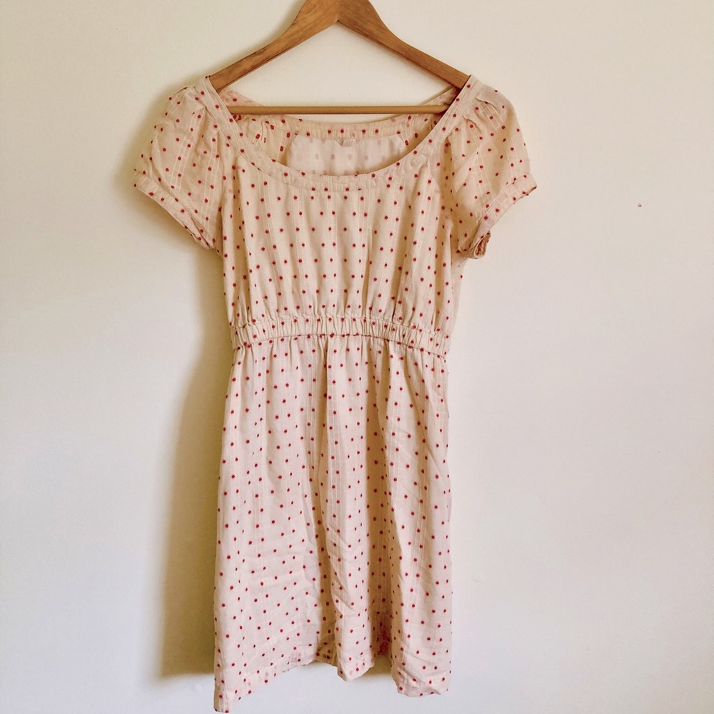 Women’s J Crew Cream Scoop Neck Mini Dress with Red Polka Dots
